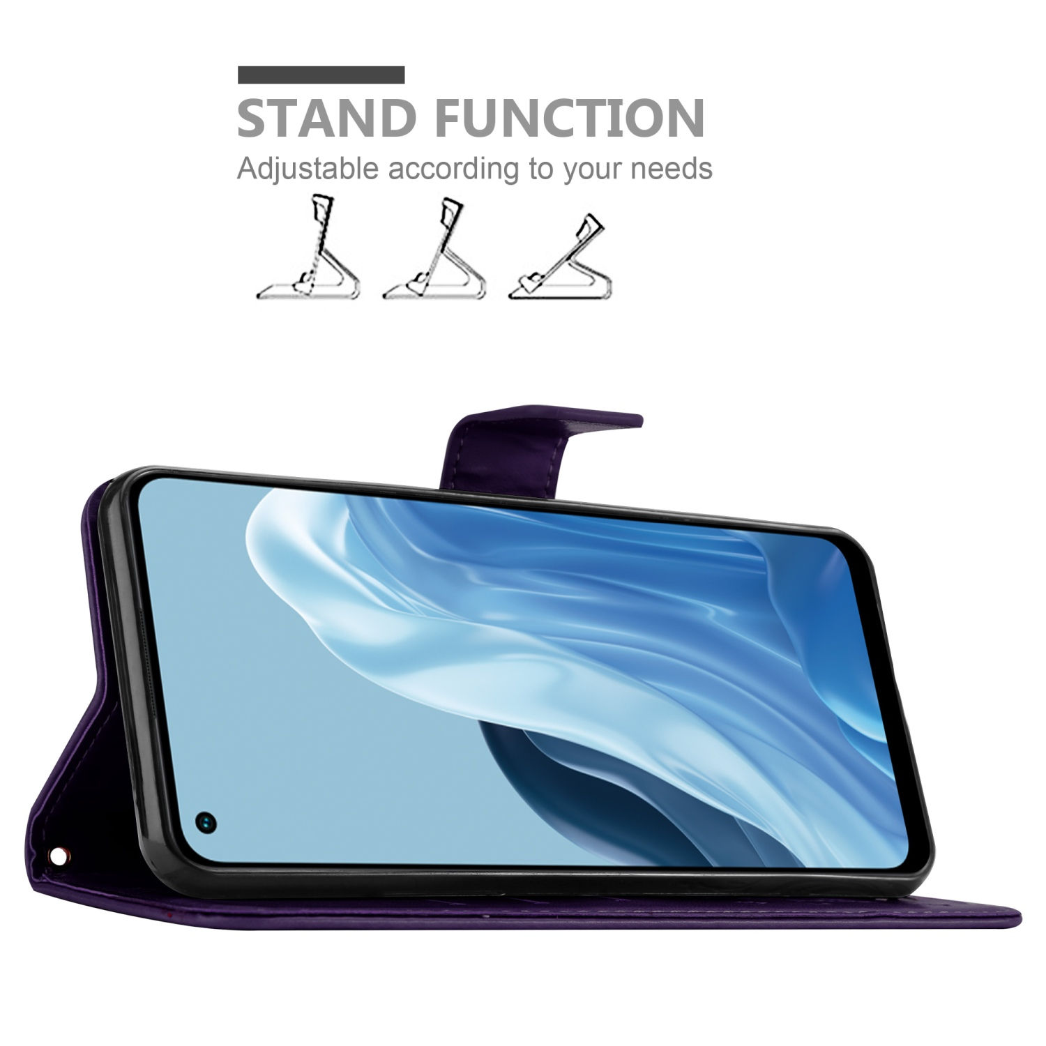 Custodia viola per telefono con telefono, con funzione di supporto e tre illustrazioni di posizioni diverse.