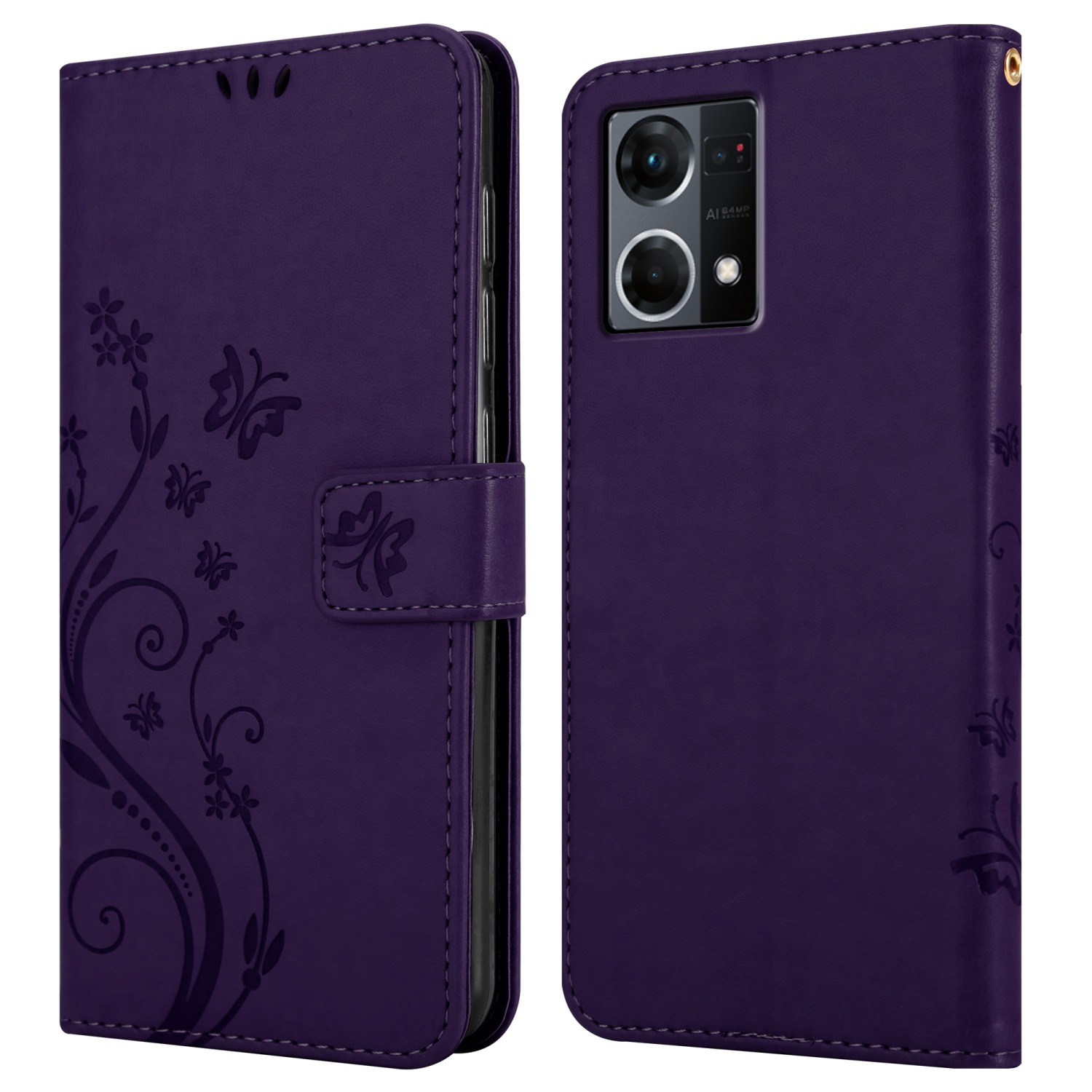 Custodia viola per telefono con design floreale e farfalla. Telefono all'interno con fotocamera.
