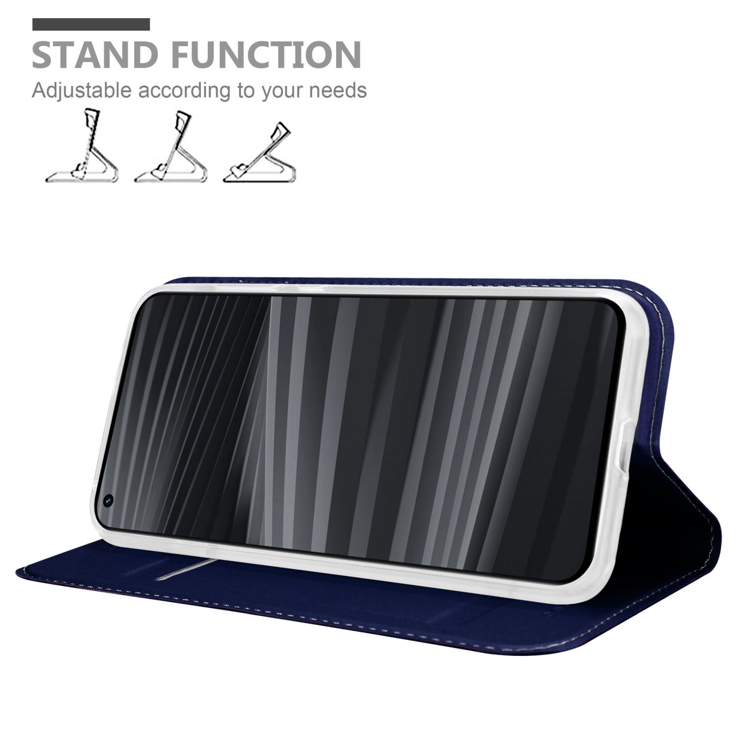 Telefon in blauem Lederetui mit Standfunktion, mit geöffnetem weißem Telefonbildschirm.