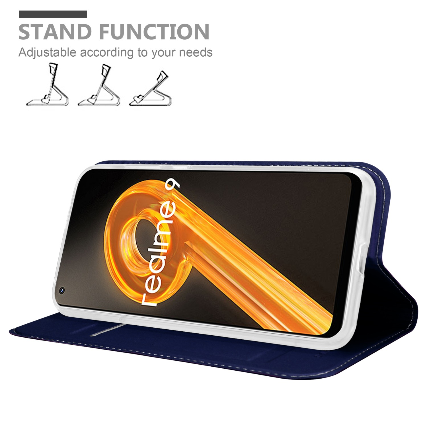 Eine blaue Handyhülle, die mit einem Telefon darin geöffnet ist, mit den Worten 'STAND FUNCTION' und Illustrationen.