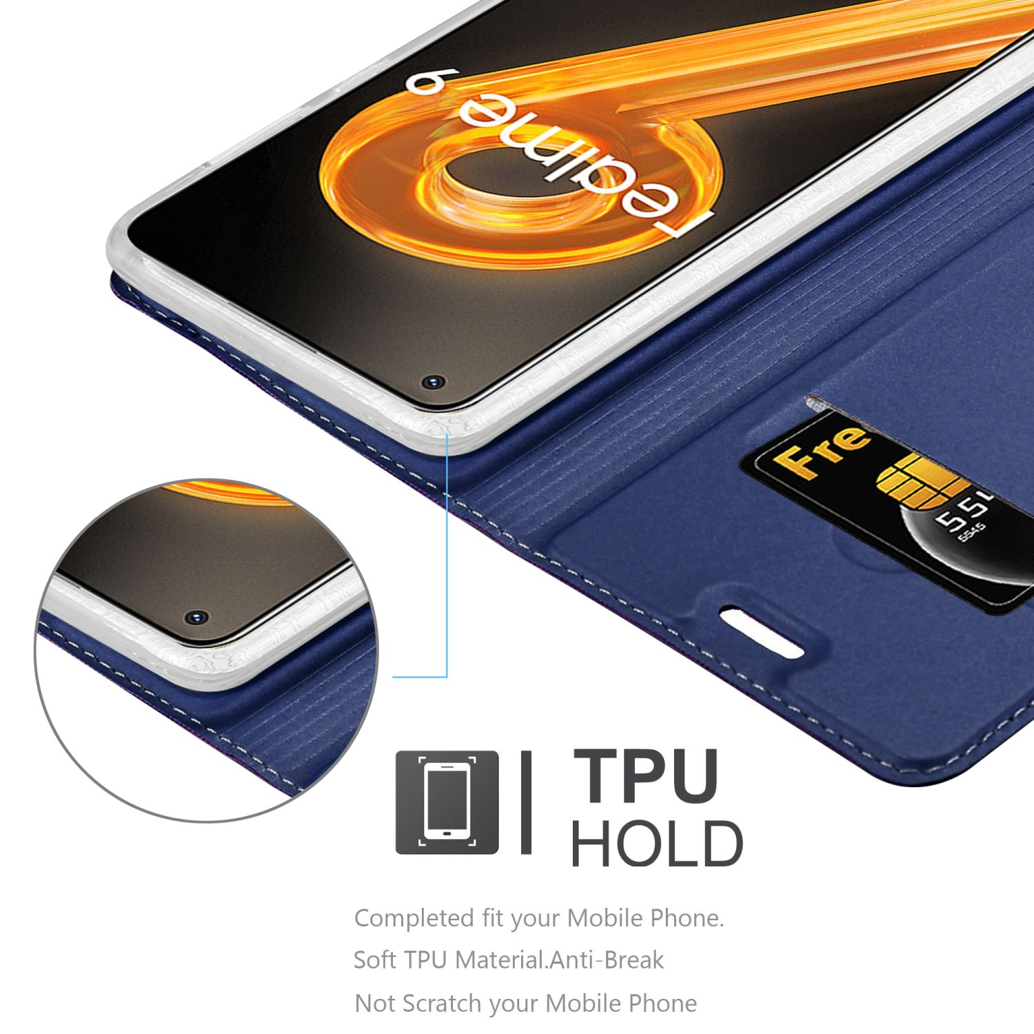 Blaue Handyhülle offen, Telefon sichtbar. Text: TPU-Halterung, weiches TPU-Material, bruchsicher, kratzfest.