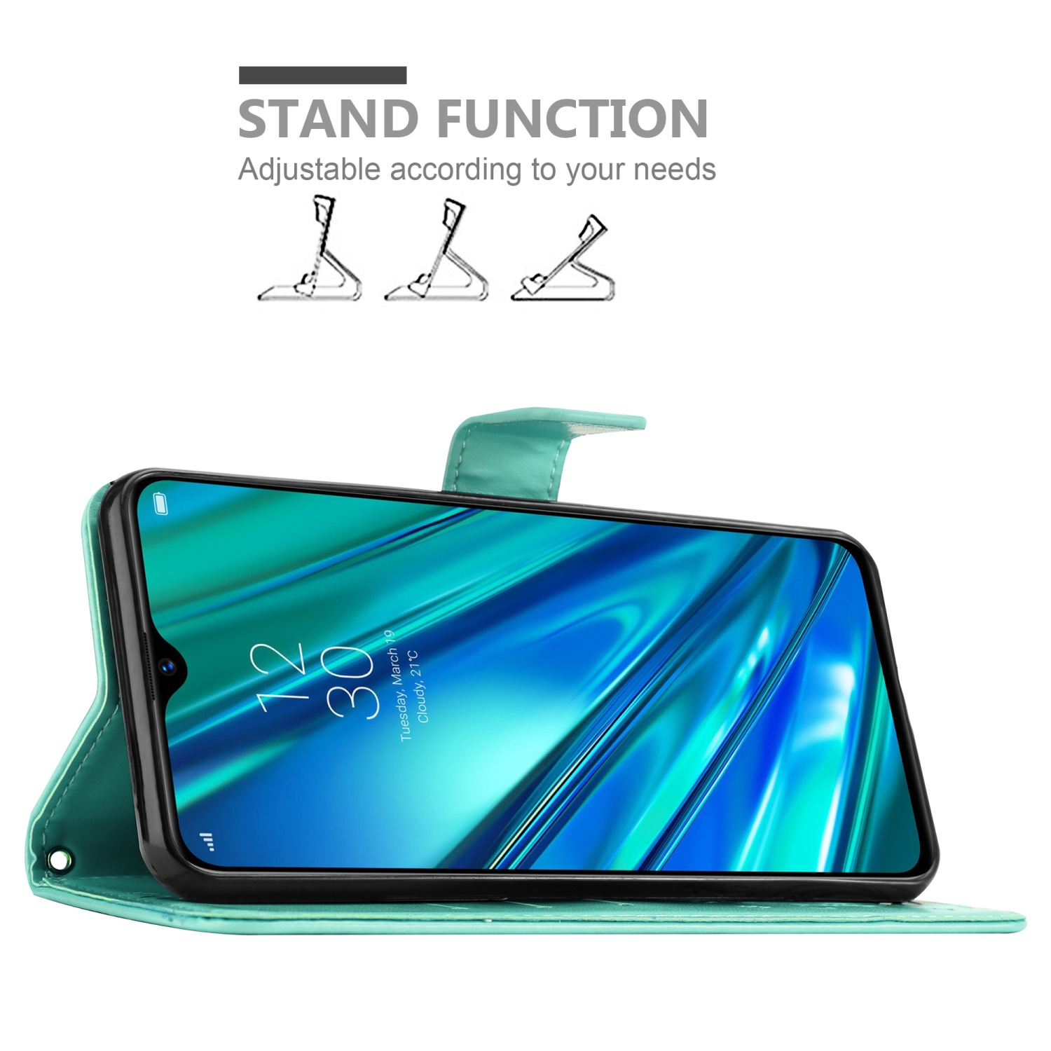 Custodia verde con telefono dentro, opzioni supporto. Sfondo: bianco.