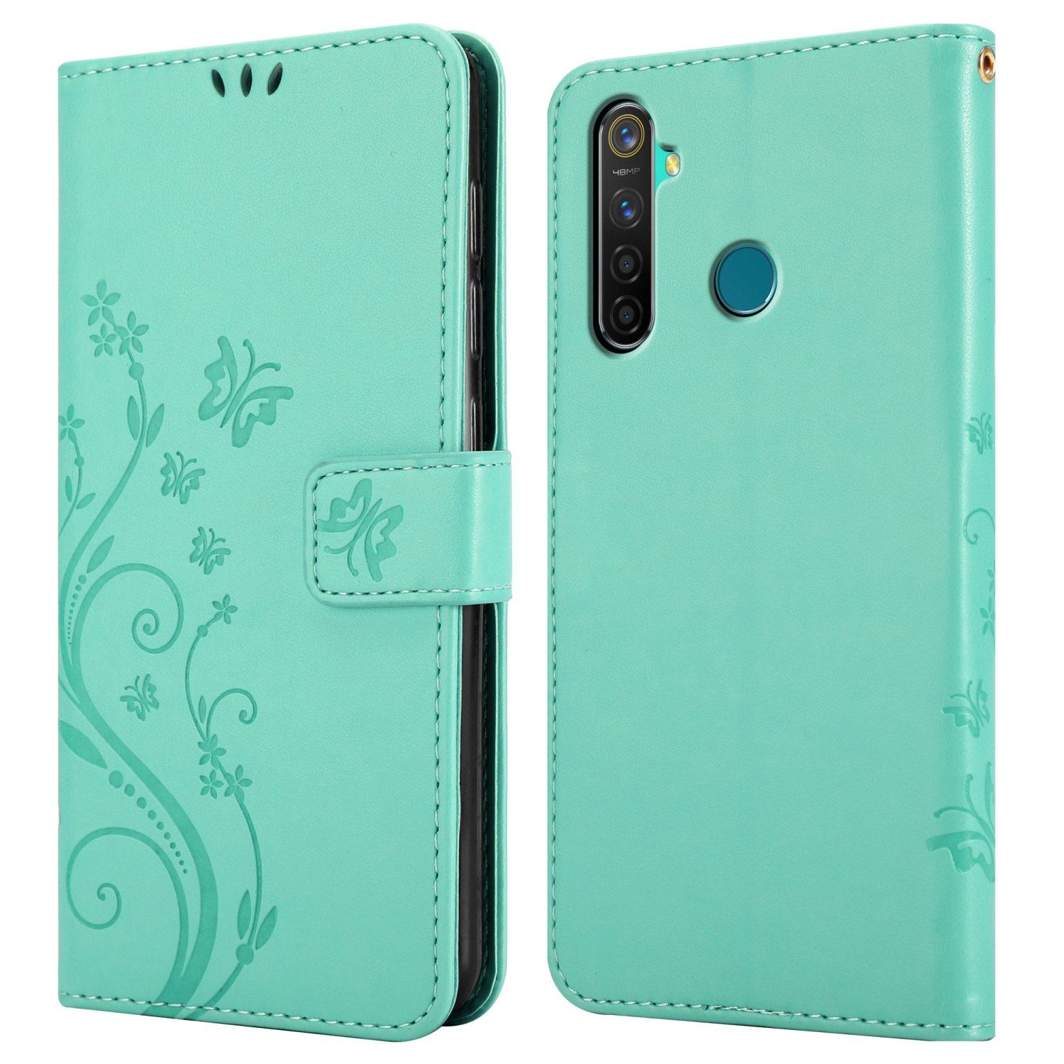 Custodia per telefono verde menta con motivi floreali. Il telefono è nero.