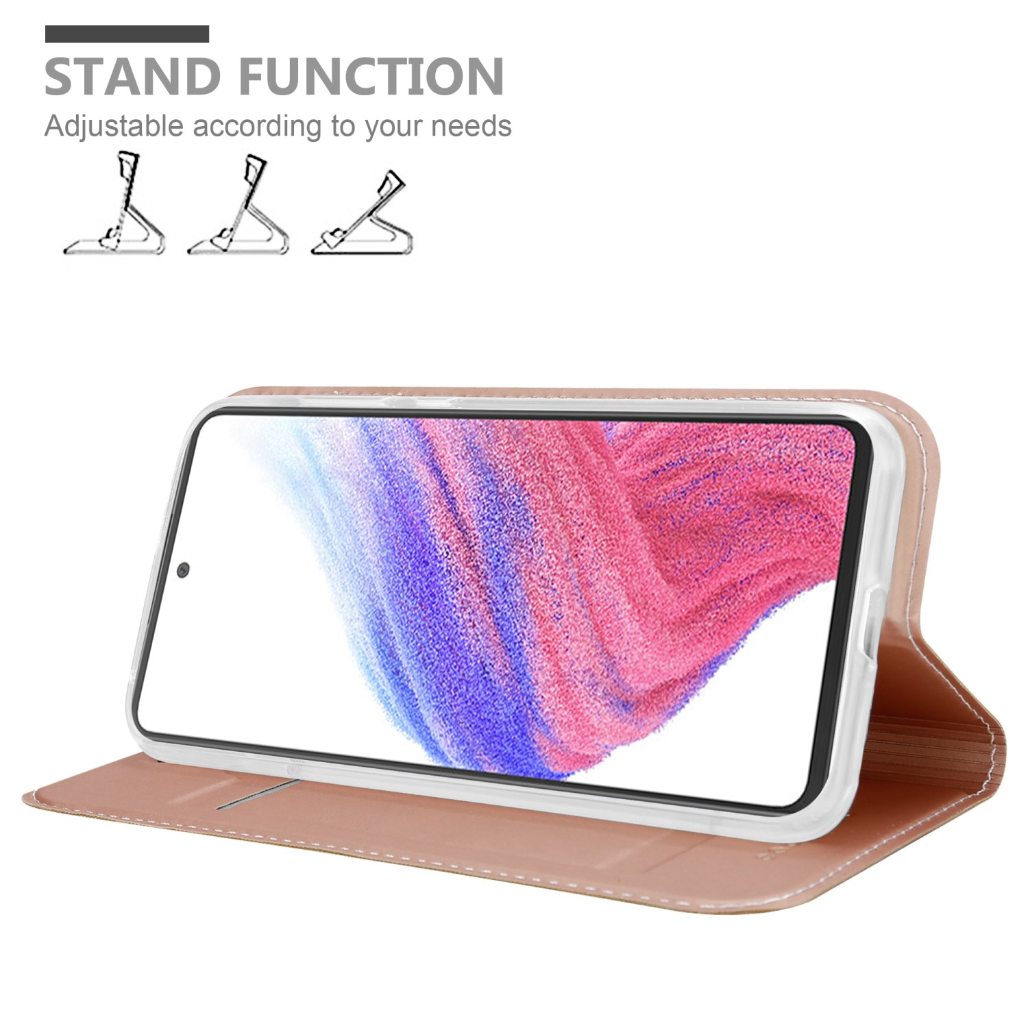 Telefono in custodia marrone, aperto per supporto. Sfondo bianco con grafici funzione supporto.