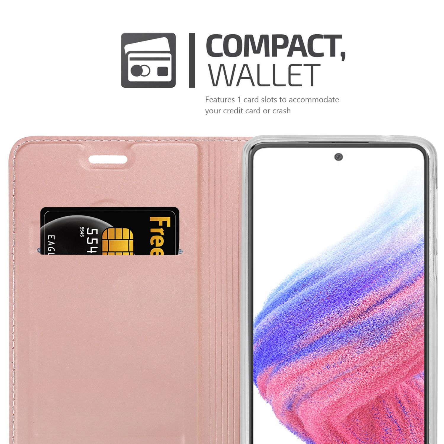Custodia per telefono rosa con fessura per carte, con una carta all'interno. Lo sfondo è rosa chiaro, con un design a portafoglio.