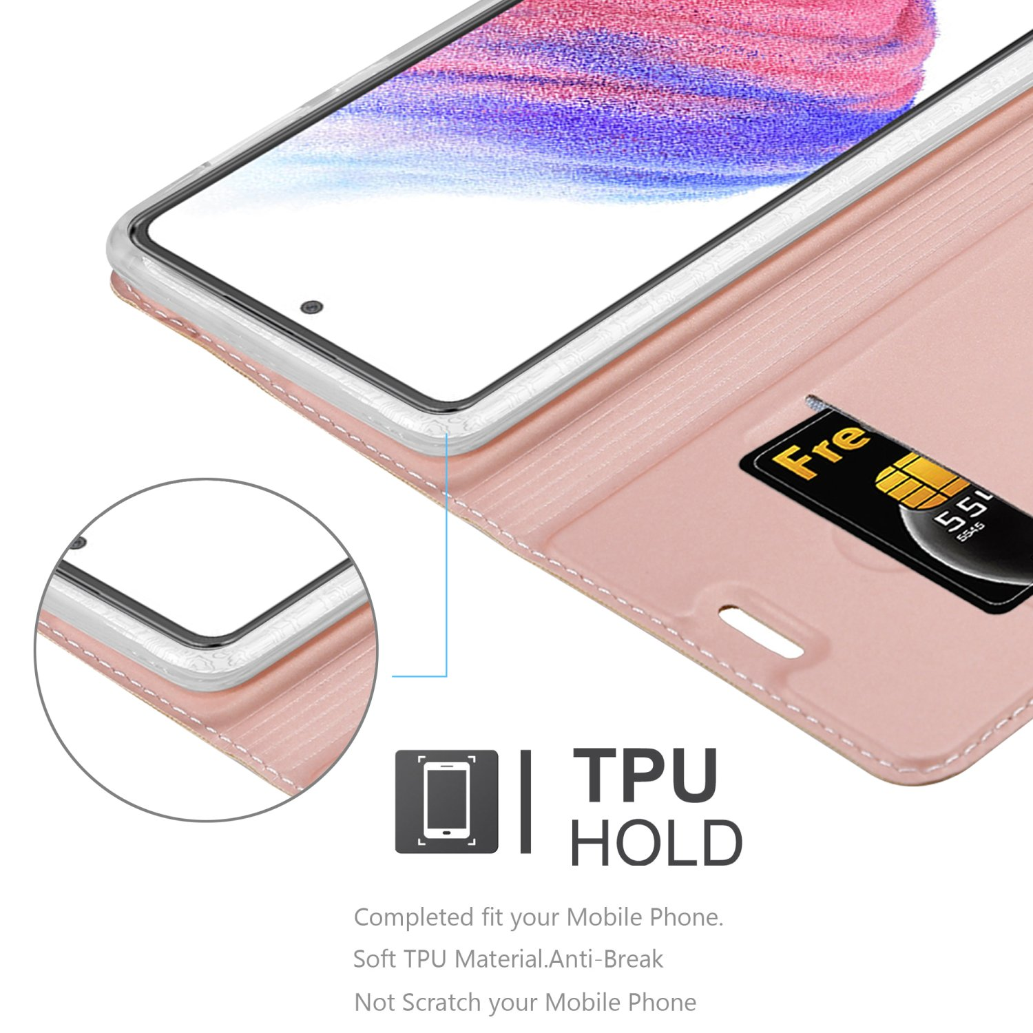 Custodia rosa per telefono con telefono all'interno, mostra una SIM card. Testo: 'TPU HOLD'. Il telefono è visibile.