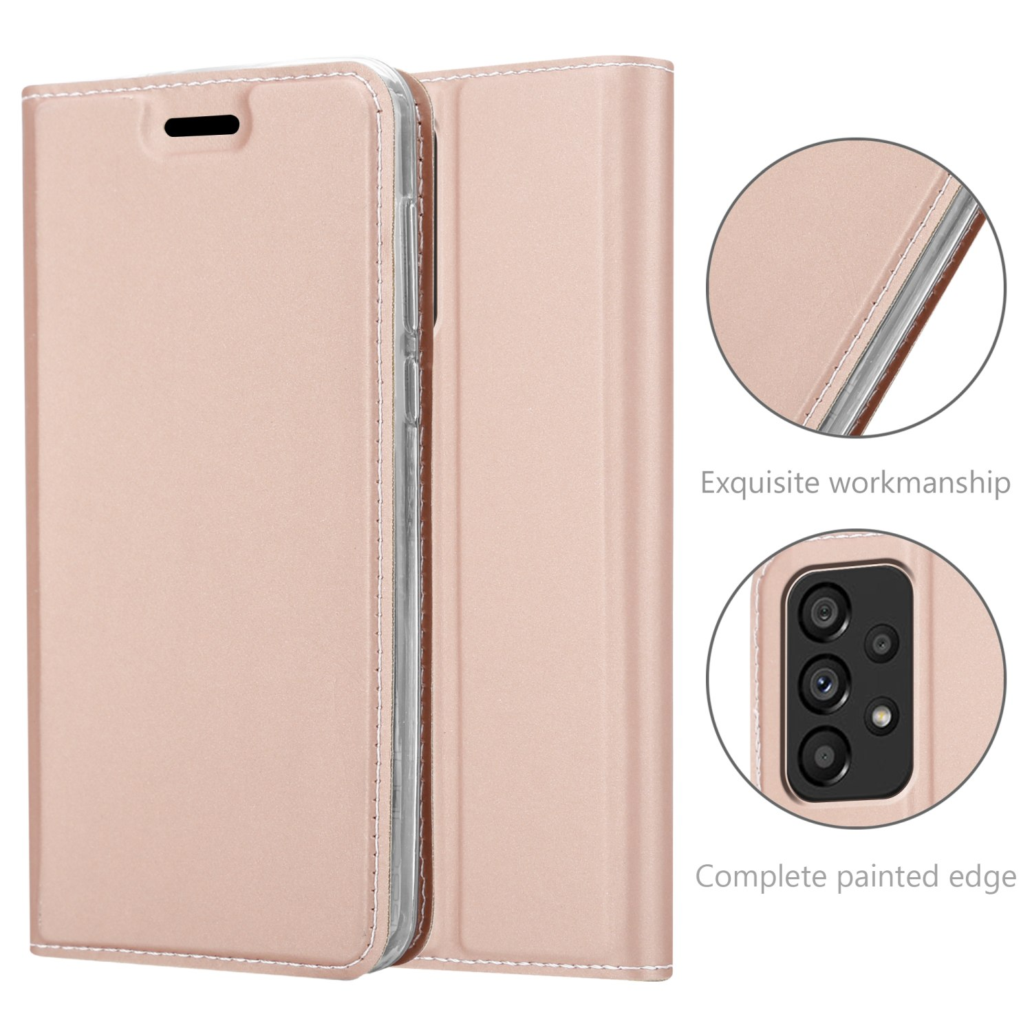 Custodia per telefono oro rosa con dettagli di cuciture, area fotocamera e sfondo bianco.