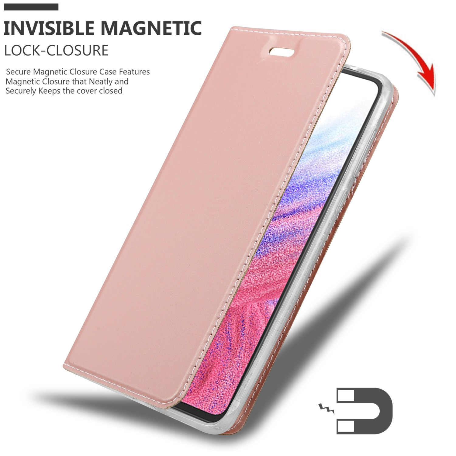 Custodia rosa per telefono che si chiude, con chiusura magnetica. Sfondo bianco. Telefono all'interno.