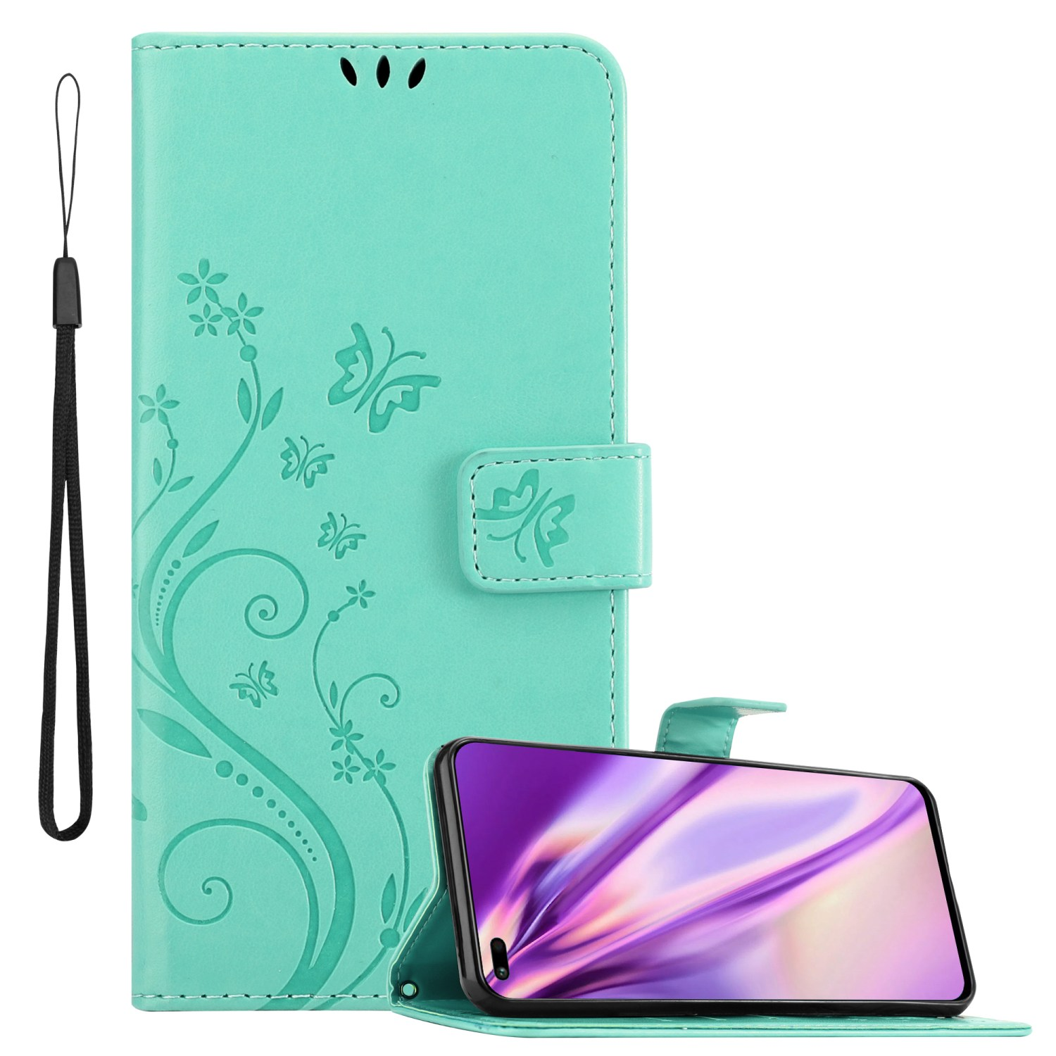 Custodia per telefono verde menta con design floreale e cinturino da polso. Schermo del telefono visibile.