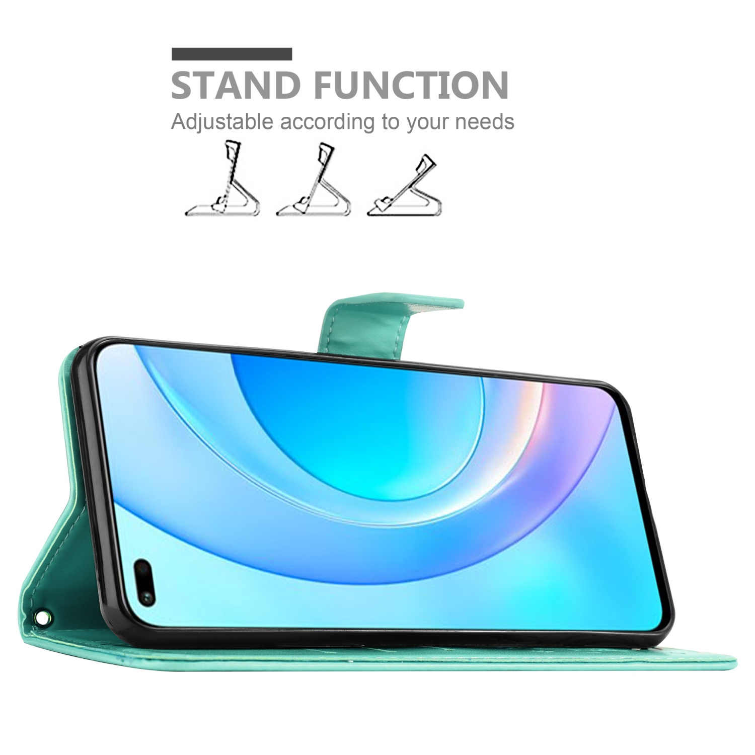 Custodia per telefono verde acqua, aperta con telefono dentro. Funzione supporto regolabile. Sfondo bianco.