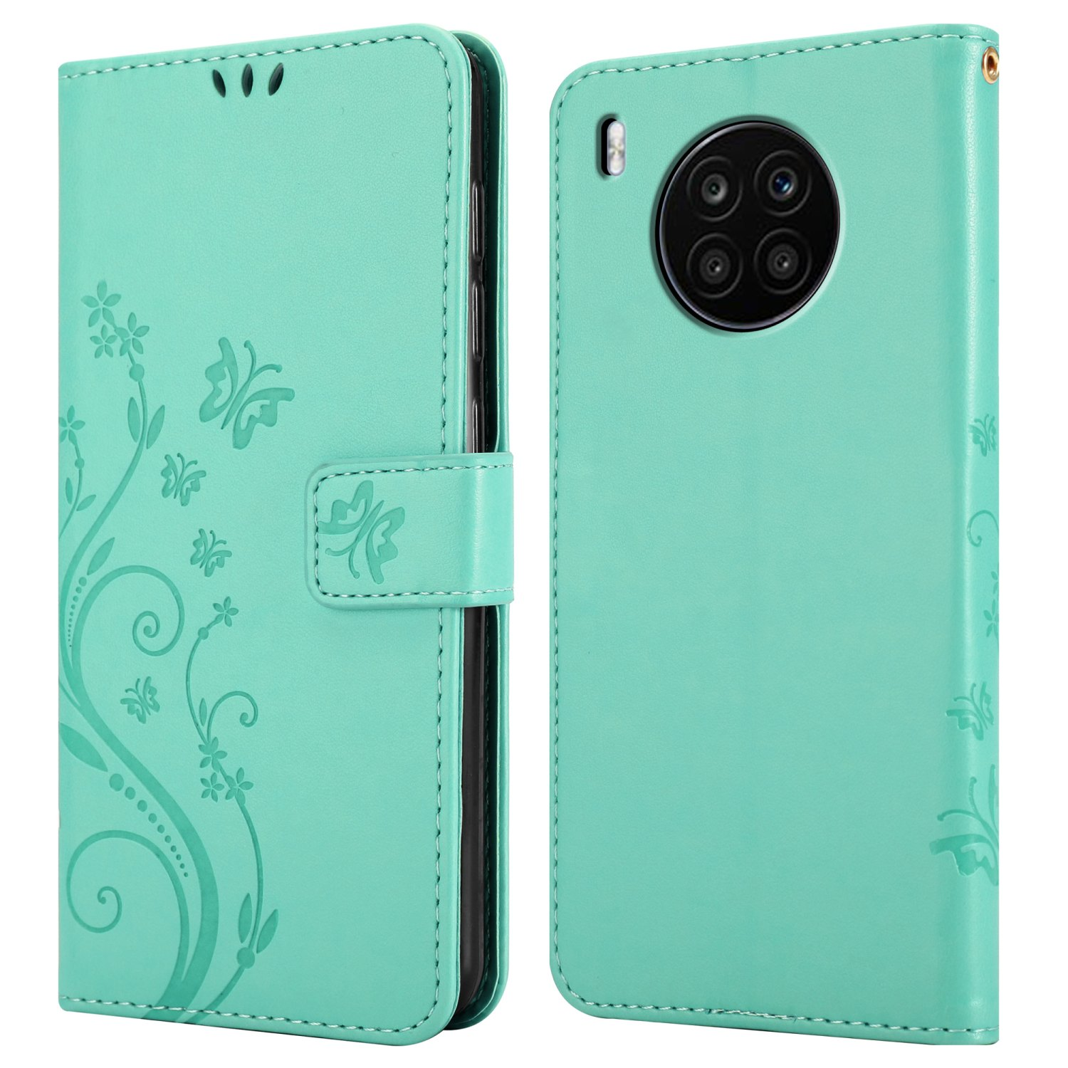 Custodia verde acqua aperta, mostra il telefono. Design floreale a sinistra. Telefono con 4 lenti.