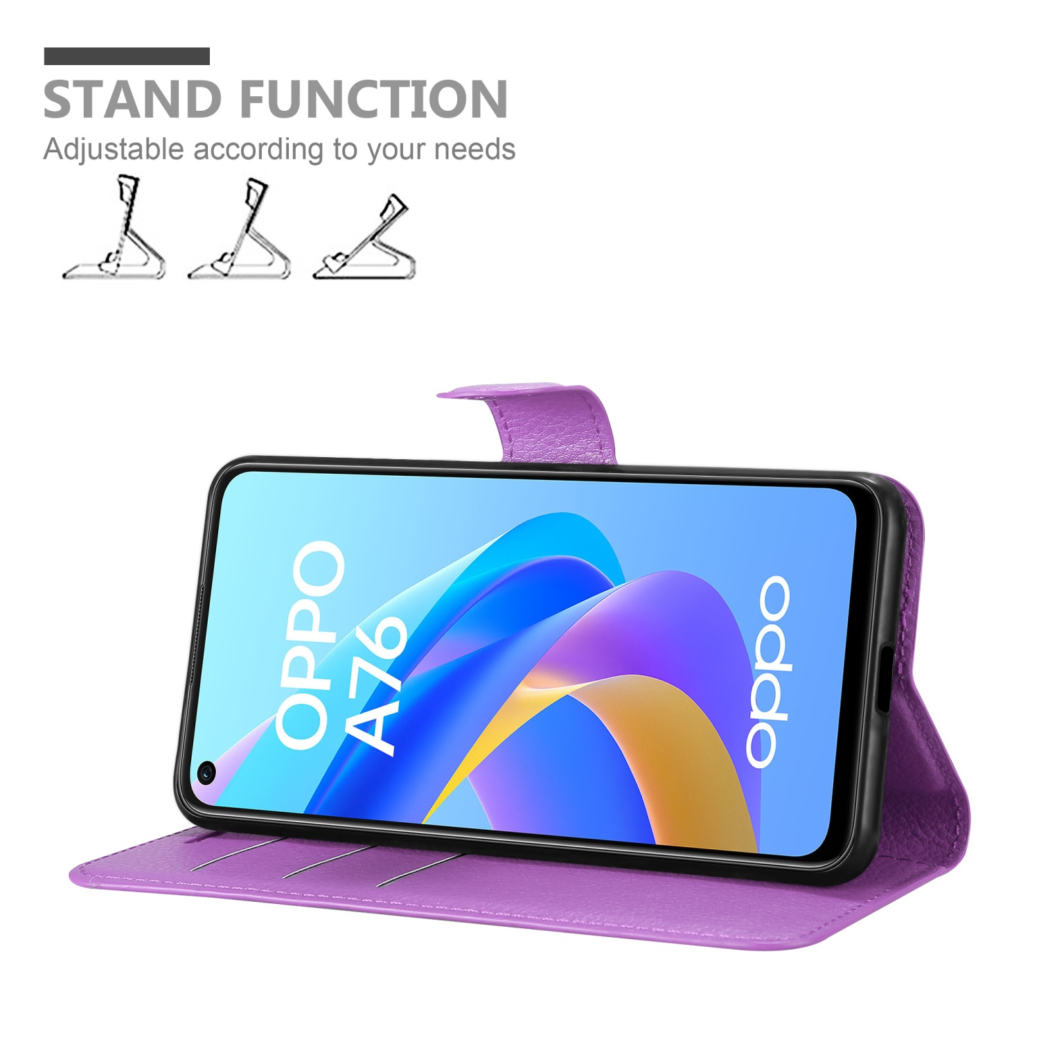 Custodia viola in modalità supporto, con telefono che mostra 'OPPO A76', testo 'FUNZIONE SUPPORTO'.