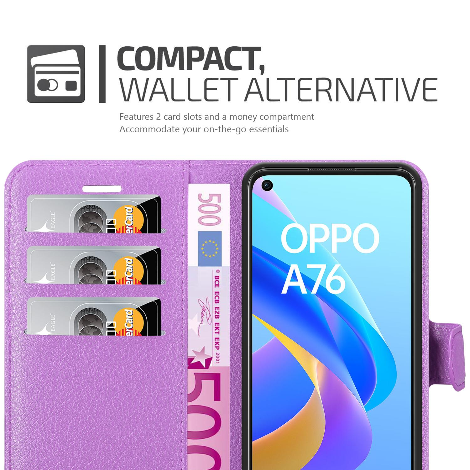 Una custodia per telefono con carte e denaro. Un telefono è nella custodia. La custodia è viola.