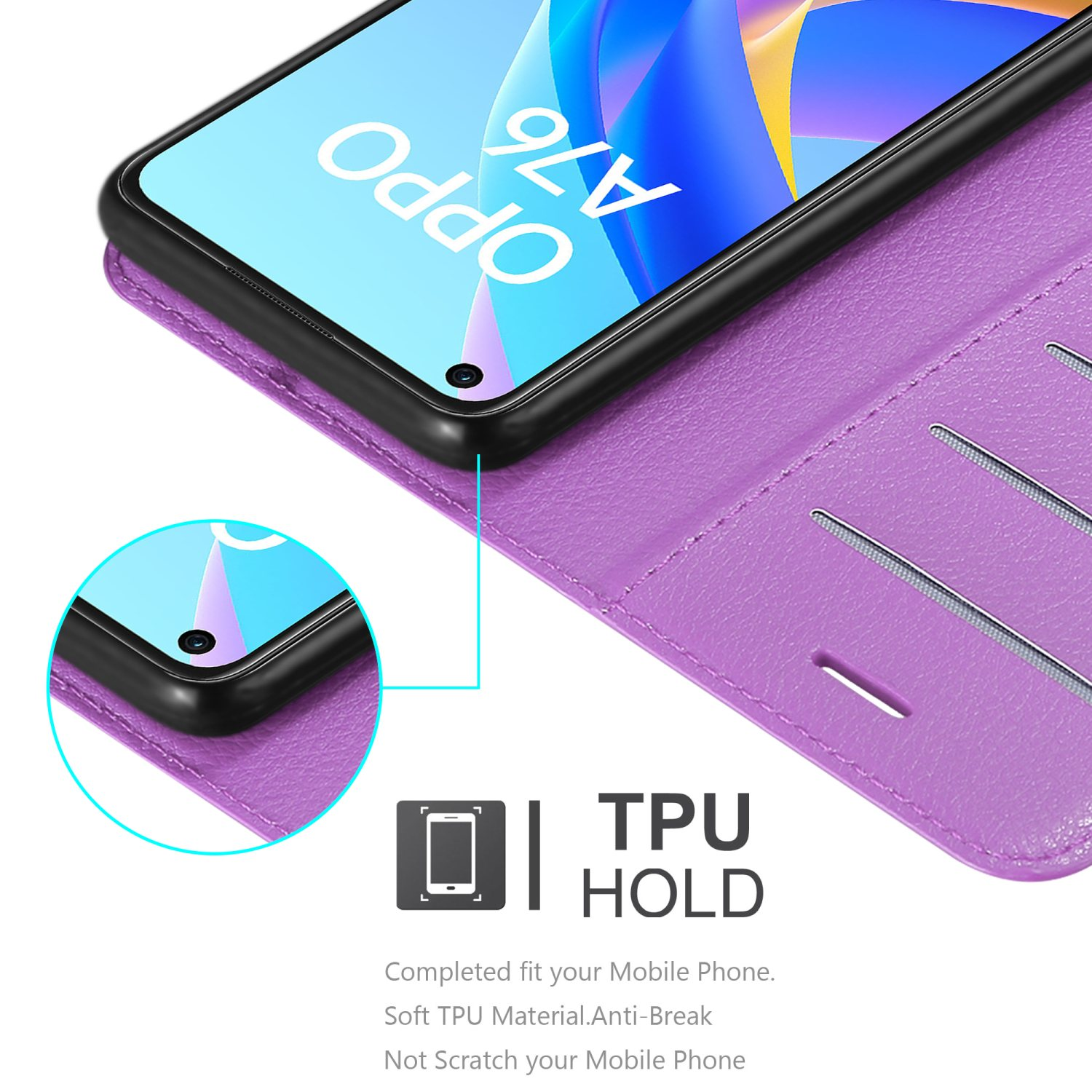 Custodia per telefono viola con un telefono all'interno. Testo: TPU Hold. Dettagli: Anti-rottura, Non graffia.
