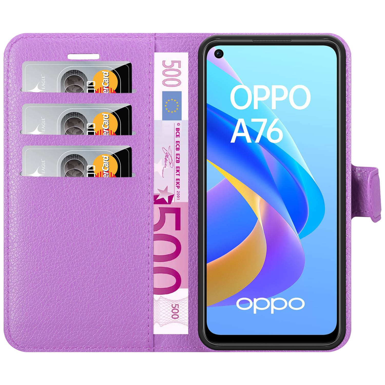 Custodia viola con telefono, carte di credito e una banconota da 500 euro.