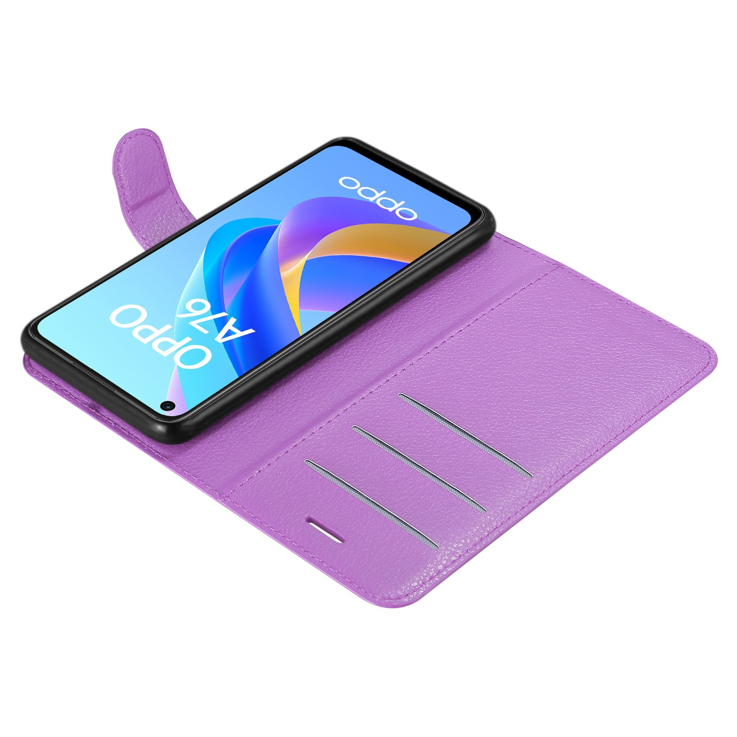 Una custodia per telefono viola aperta con telefono all'interno. Il telefono è nero con il marchio Oppo.