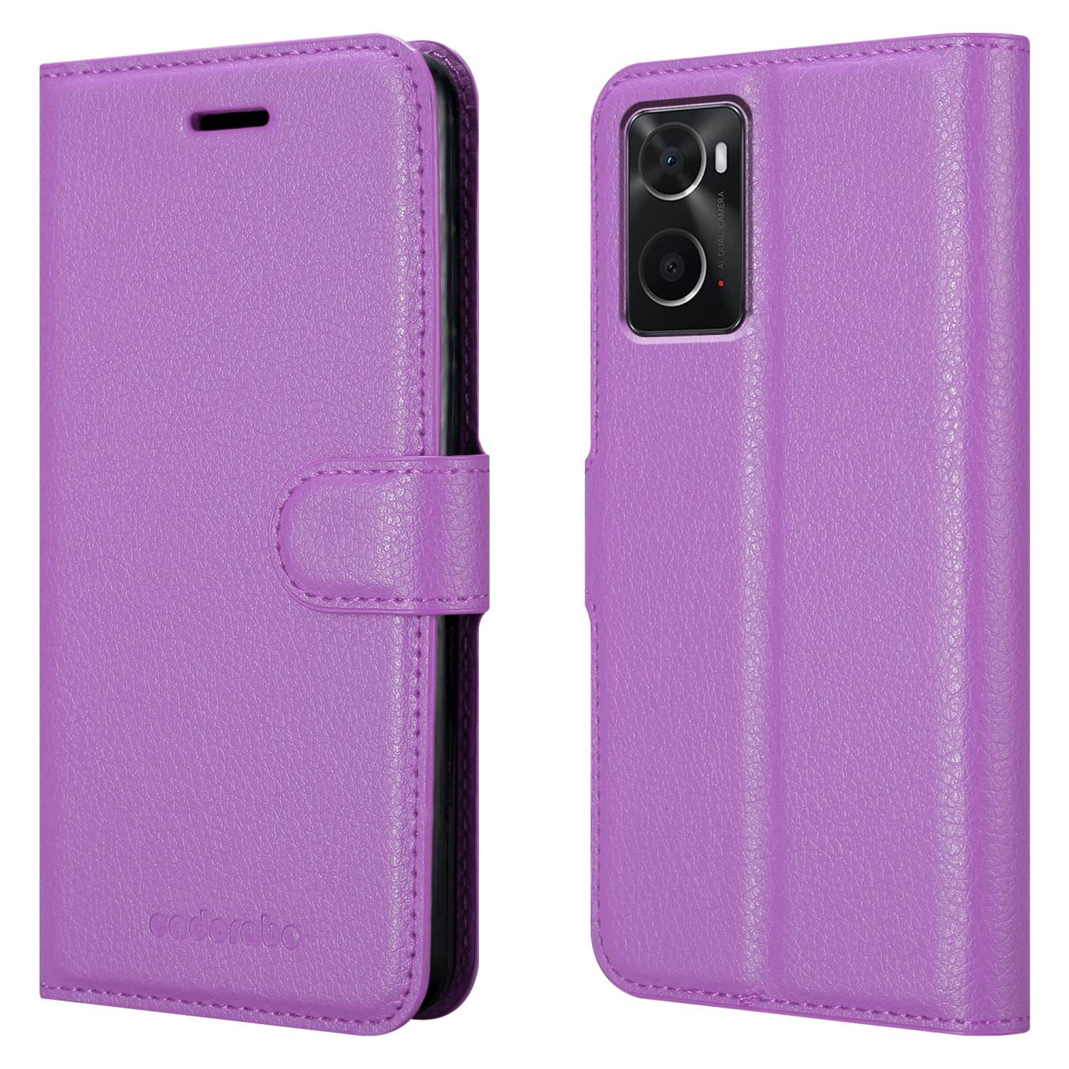 Una custodia viola per telefono con chiusura magnetica. Il telefono è a destra.