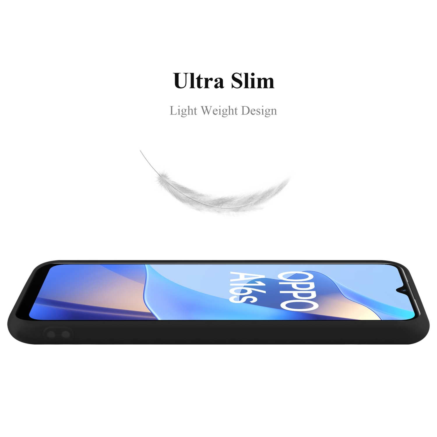 Una custodia nera con una piuma che fluttua sopra. Il telefono è nero, con il logo OPPO.