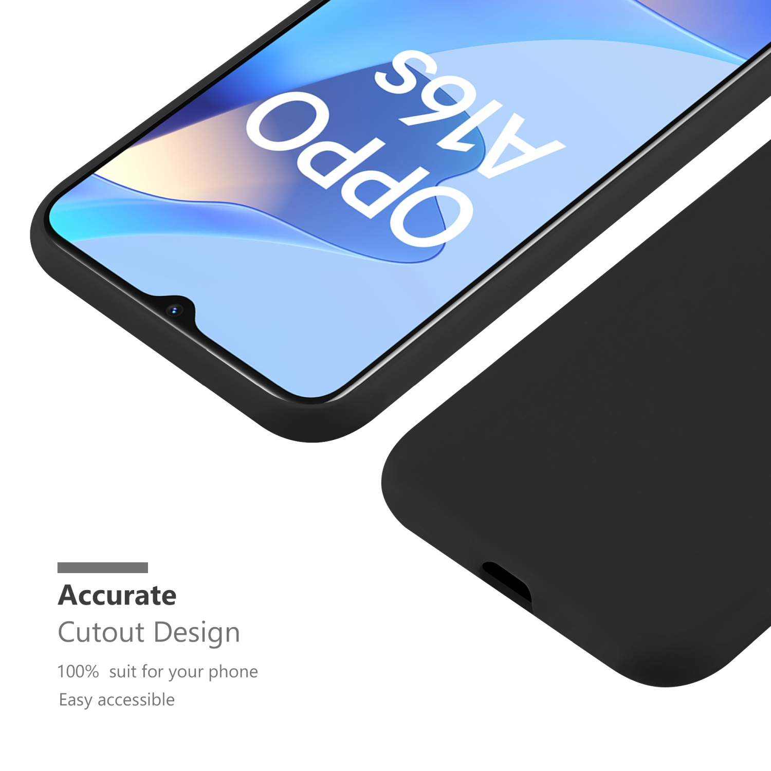 Telefono nero con 'OPPO A16s' sullo schermo. Lo sfondo è bianco. Presente una custodia.