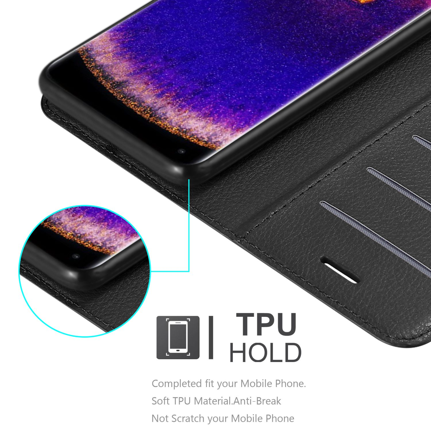 Schwarze Handyhülle mit Handy. TPU HOLD-Text ist ebenfalls sichtbar.