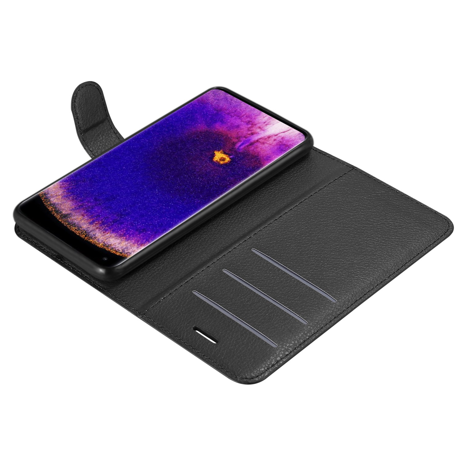 Schwarze Handyhülle, offen, mit einem Telefon darin. Die Innenseite hat Schlitze für Karten.
