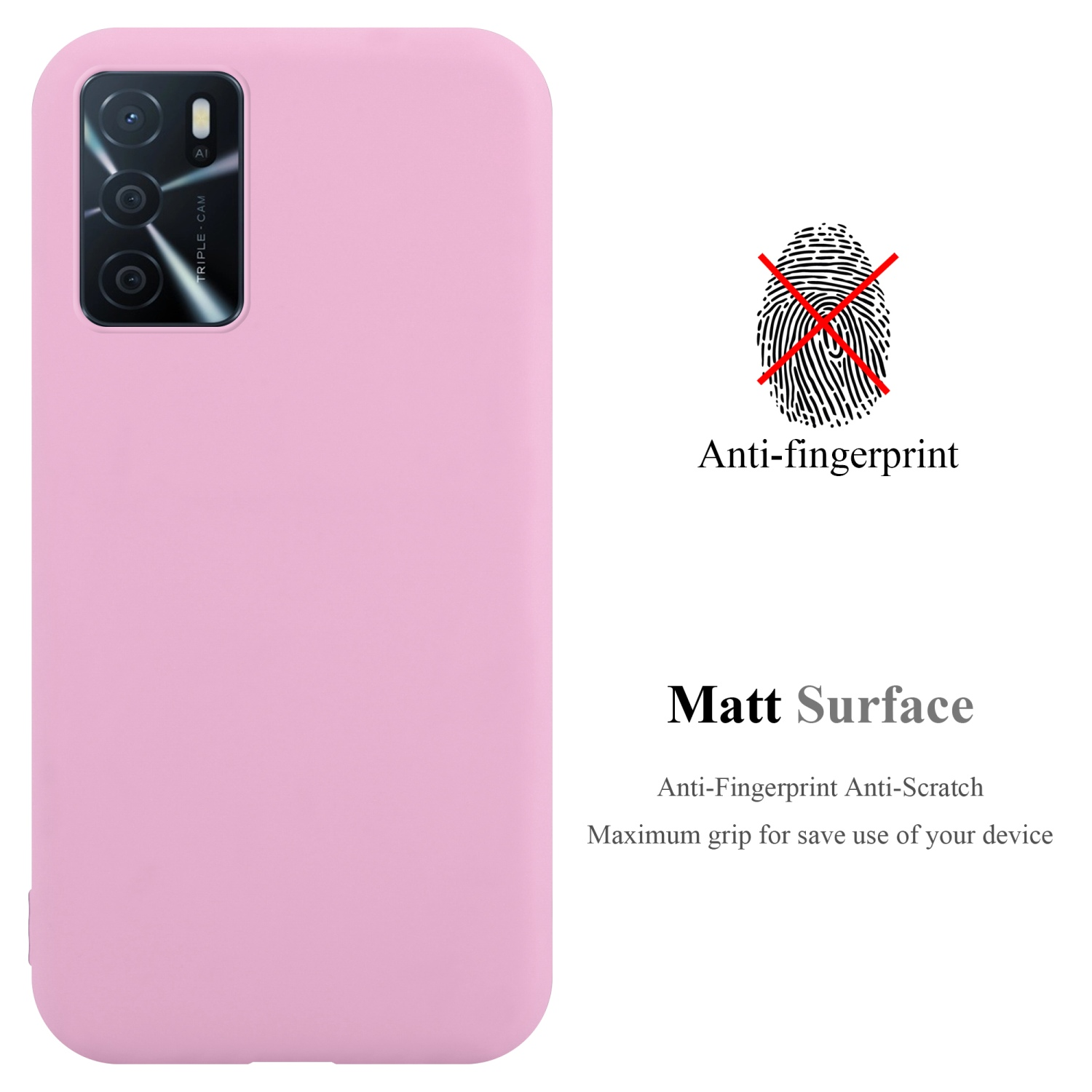 Custodia per telefono rosa con fotocamera. Logo anti-impronte e testo Matt Surface presenti.