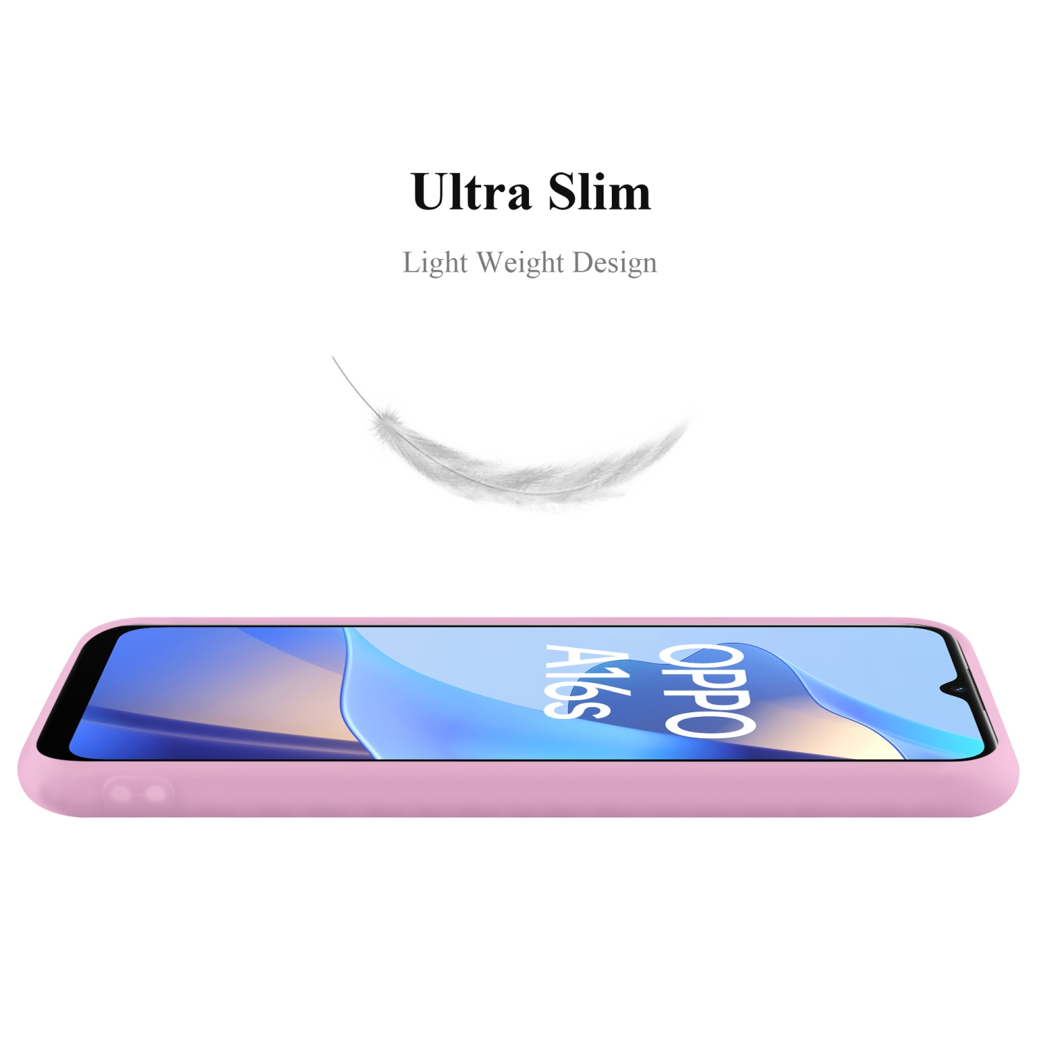 Custodia per telefono rosa, vista laterale, con un telefono all'interno. Sfondo bianco, con grafica piuma.