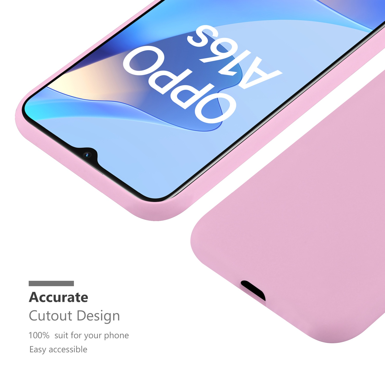Una custodia per telefono rosa con un telefono all'interno. Testo: Design di ritaglio accurato, facile accesso. Oppo A16s visibile.