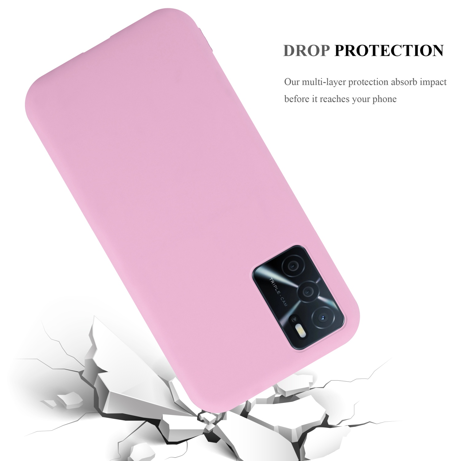 Custodia rosa per telefono. Telefono inclinato verso il basso. Testo: Protezione dalle cadute.
