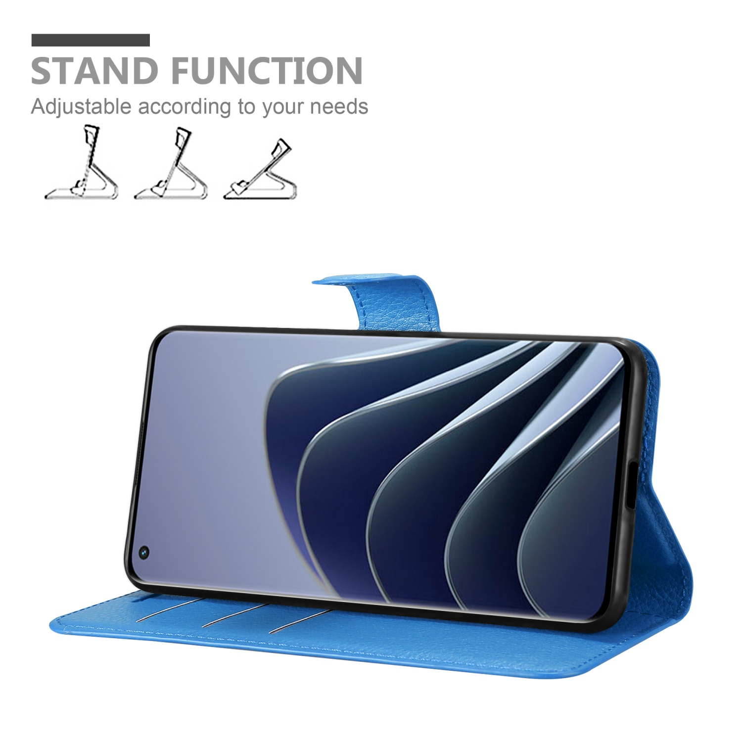 Blaue Handyhülle mit Telefon. Ständerfunktion erwähnt. Drei Ständerpositionsbilder.