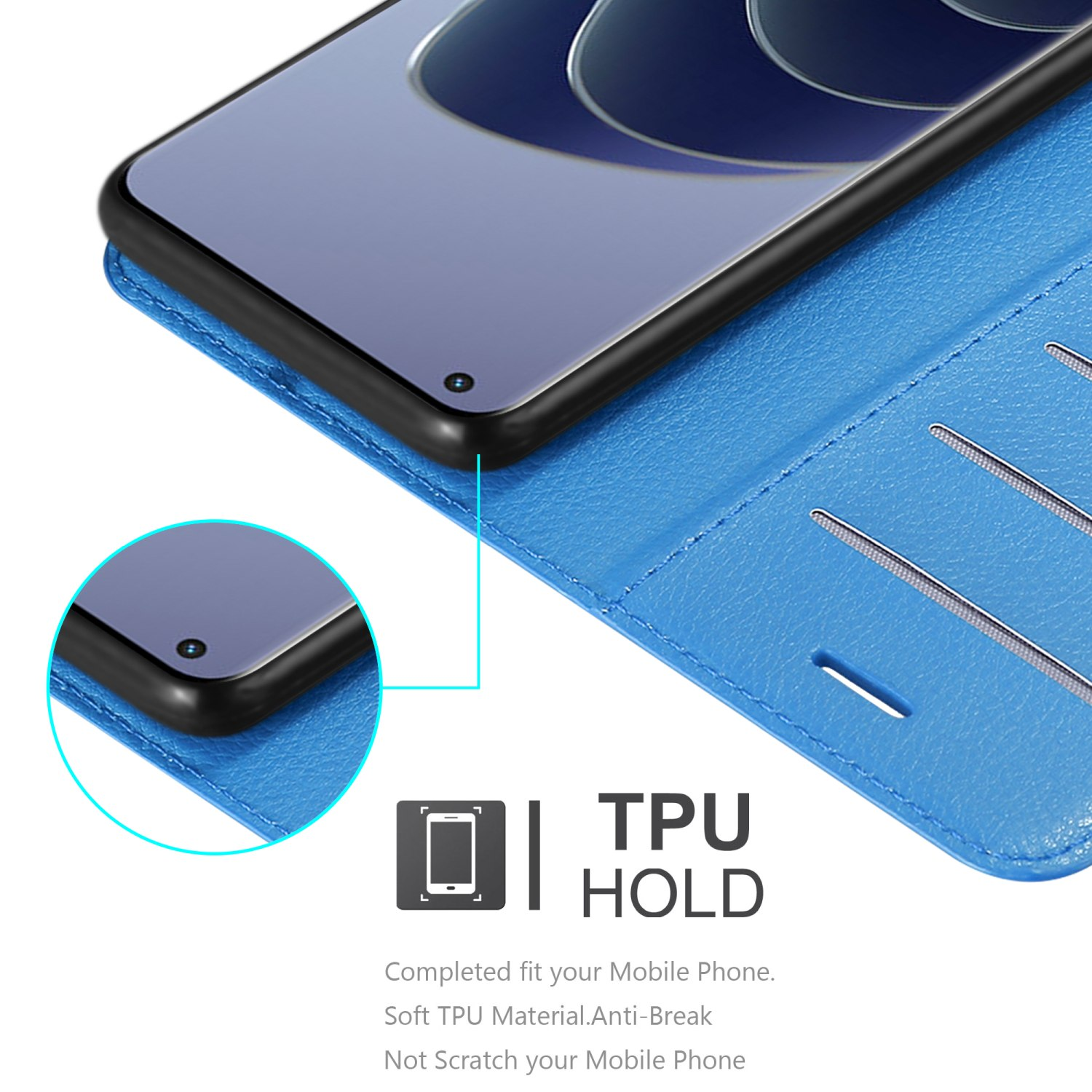 Blaue Handyhülle mit Handy. Text: TPU HOLD.