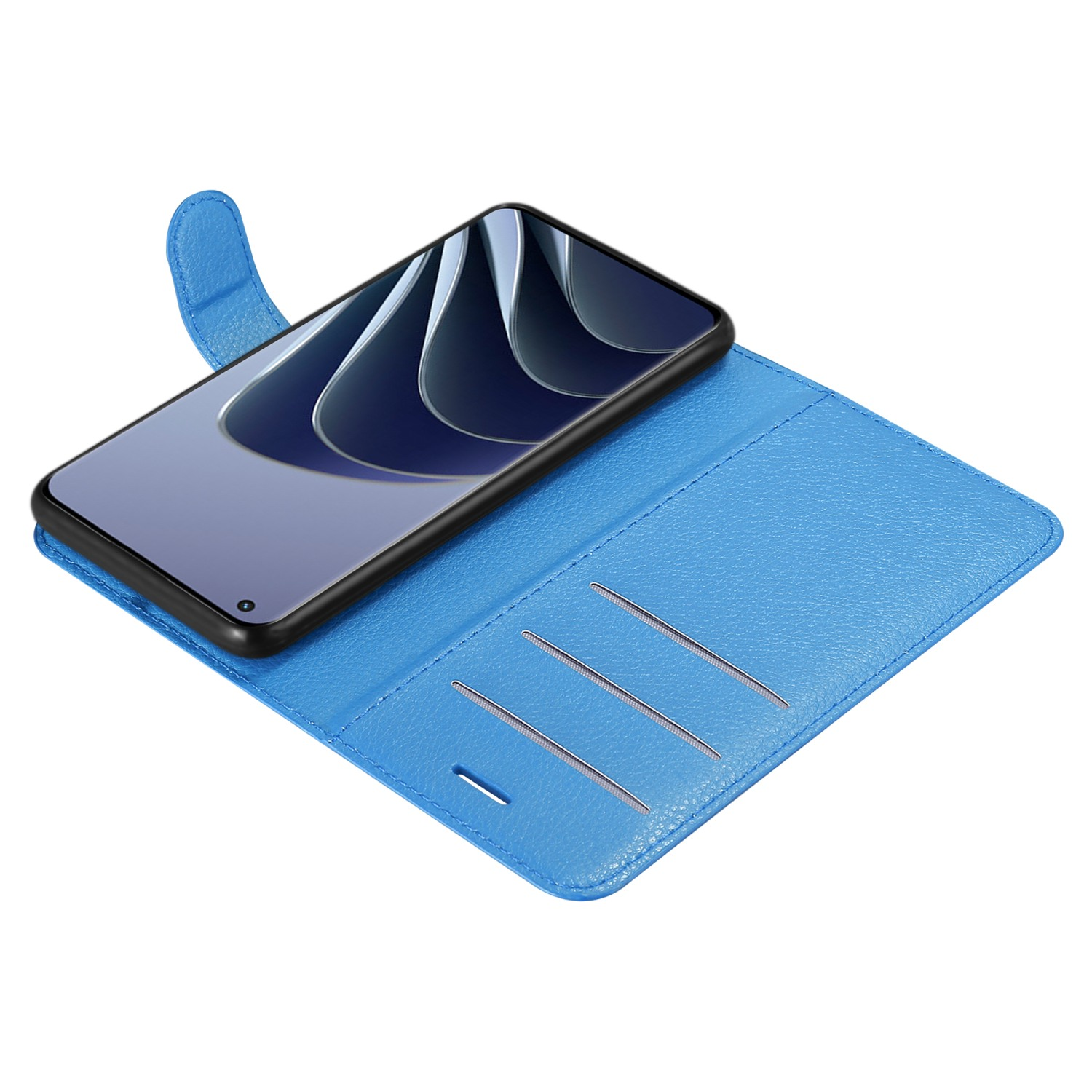 Blaue Handyhülle, offen, mit Telefon. Hülle hat Kartenfächer.