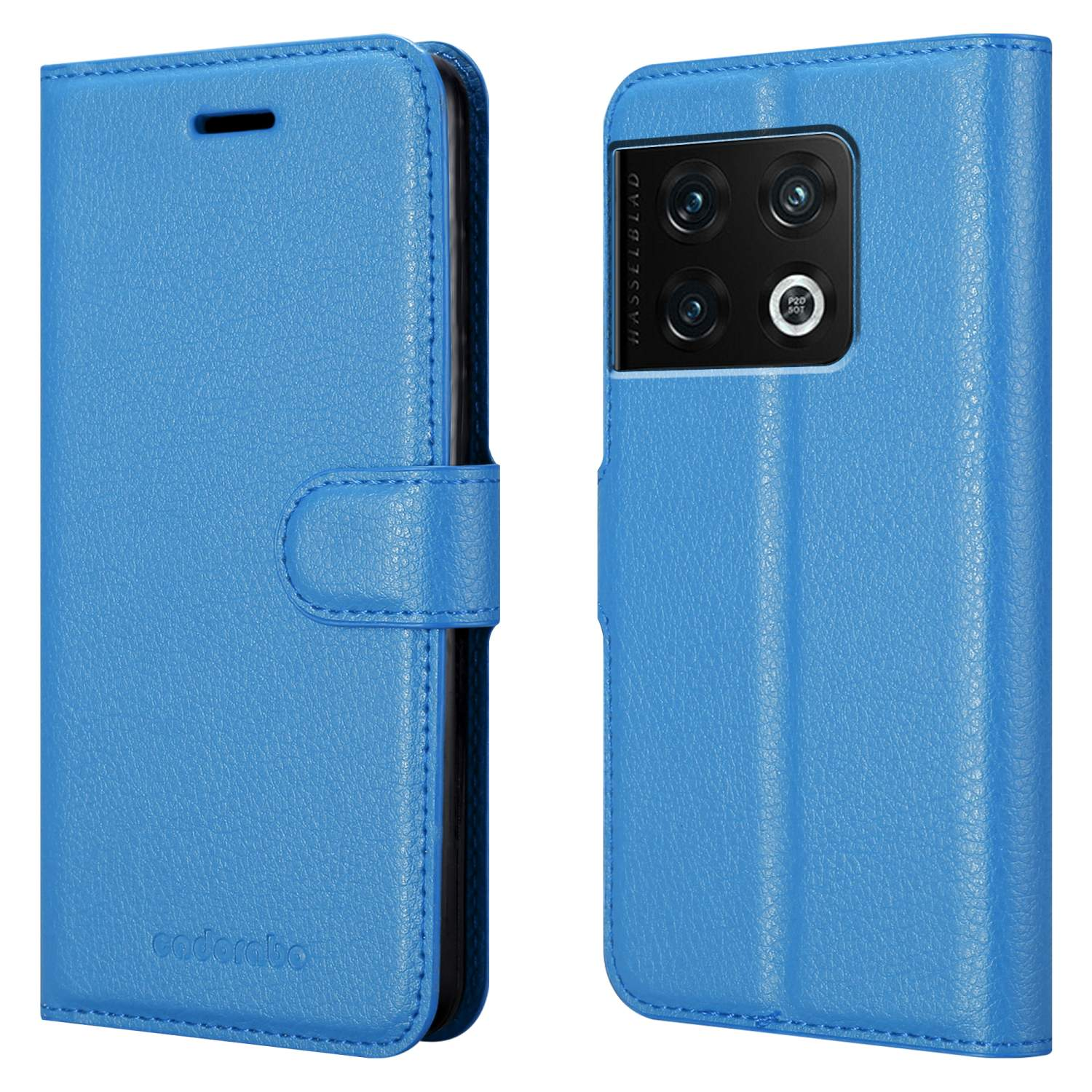 Eine blaue Handyhülle mit einem Telefon darin, das die Rückseite des Telefons mit einer Hasselblad-Kamera zeigt.