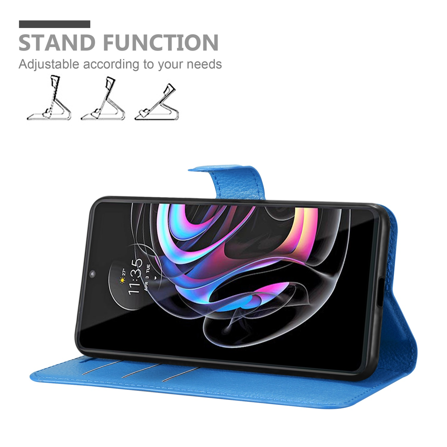 Blaue Handyhülle mit einem Telefon darin, das aufrecht steht. Das Telefon zeigt die Zeit an.