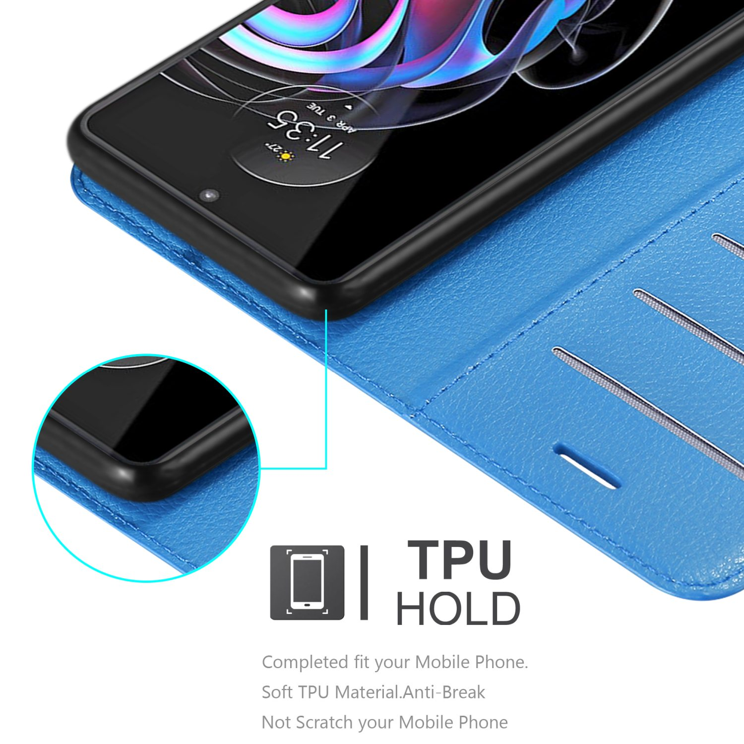 Offene blaue Handyhülle. Telefon innen, Bildschirm zeigend. Text lautet 'TPU HOLD'. Weißer Hintergrund.