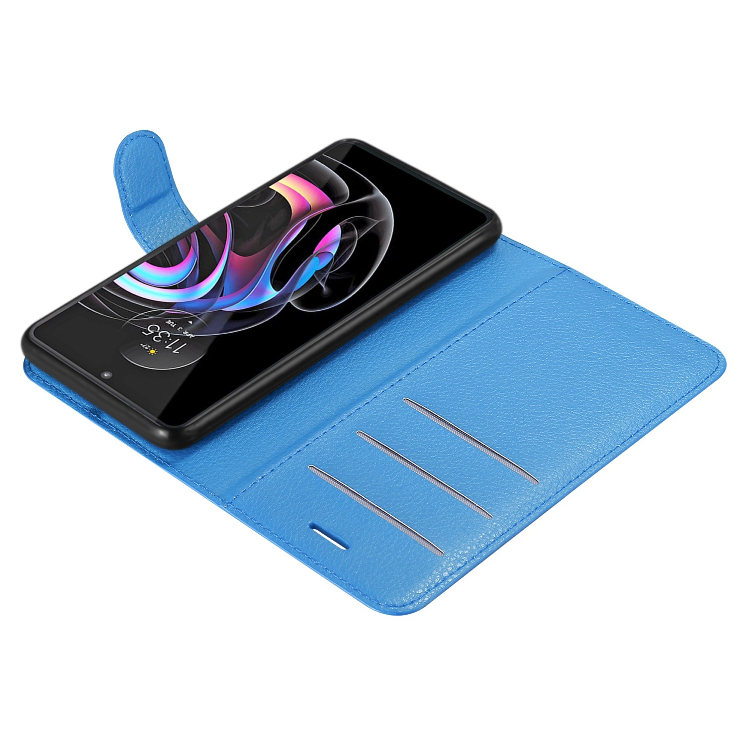 Blaue Handyhüllen-Geldbörse offen, zeigt den Telefonbildschirm mit buntem Design.