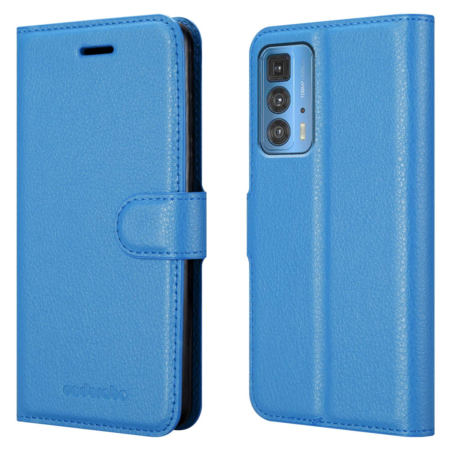 Blaue Handyhülle offen. Zeigt ein Handy im Inneren. Eine blaue Hülle mit schwarzem Deckel und blauem Knopf.