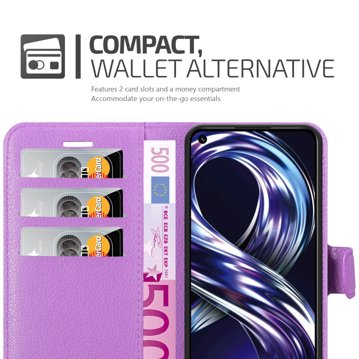 Custodia viola aperta con telefono all'interno. Testo: Compatto, Alternativa al portafoglio. Fessure per carte e denaro.