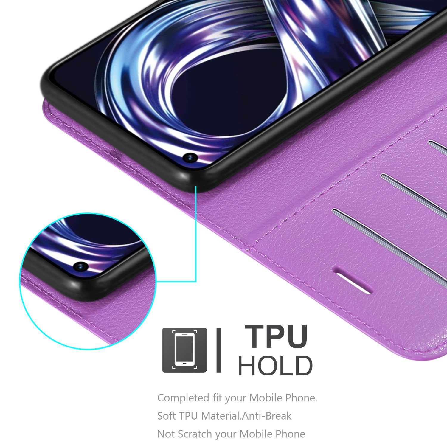 Custodia per telefono viola, aperta. Il telefono è all'interno della custodia. Supporto in TPU.