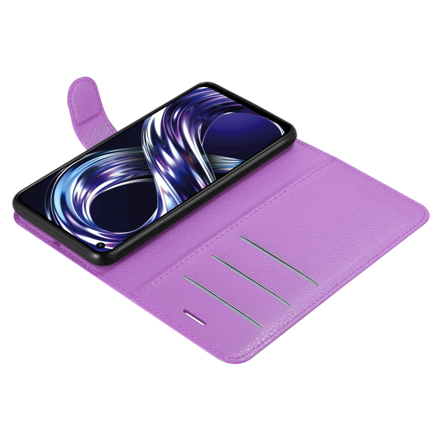 Una custodia per telefono viola contiene un telefono. La custodia è aperta. Lo schermo del telefono è visibile.