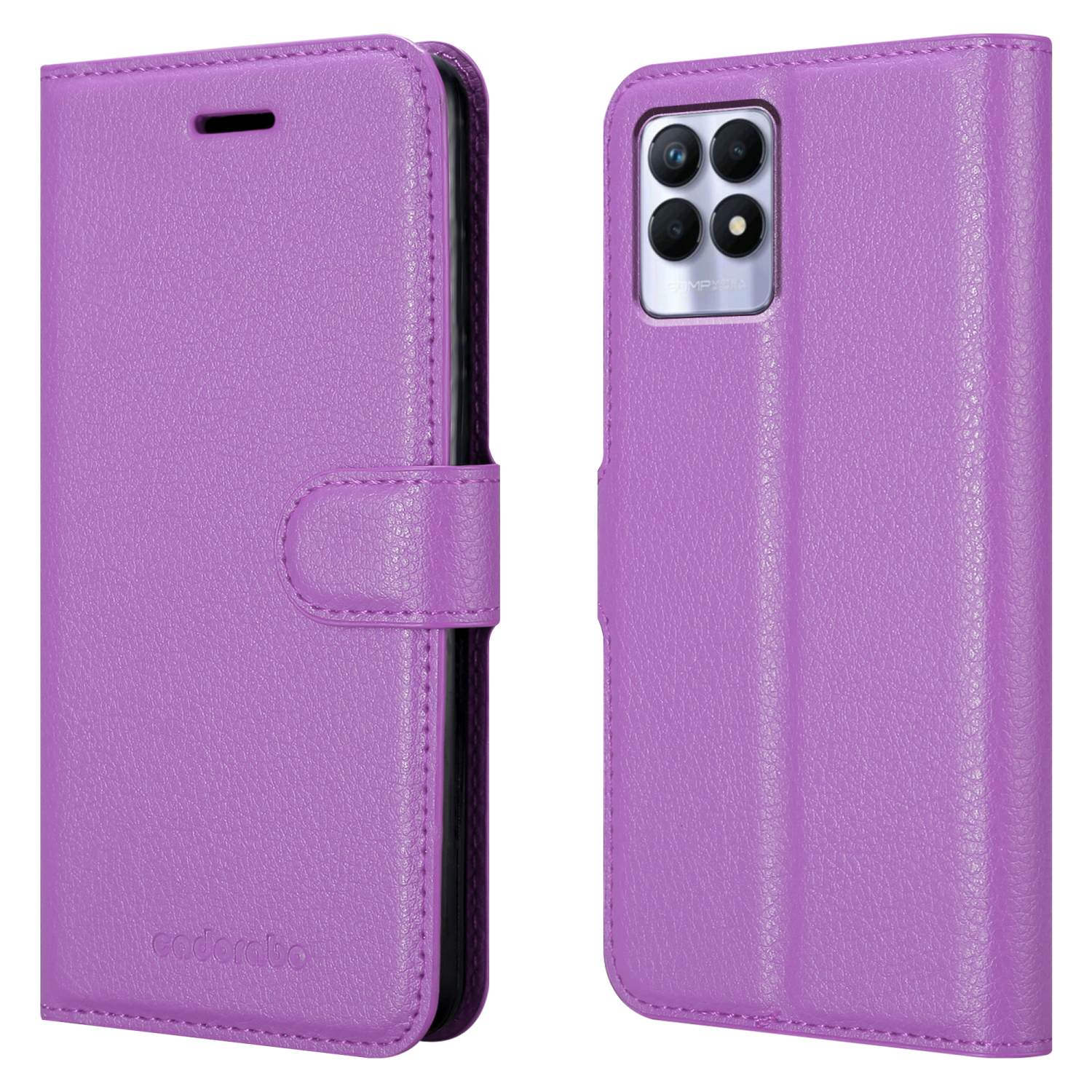 Custodia viola per telefono, chiusa e aperta, che mostra la fotocamera del telefono e una superficie strutturata.