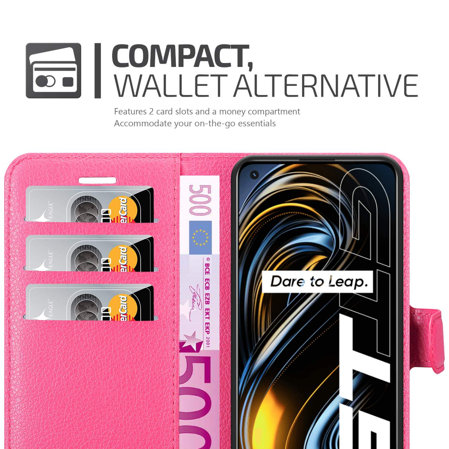 Una custodia rosa per telefono mostra un telefono, 3 slot per carte e un vano porta soldi. Testo: Compatto, Alternativa al portafoglio.