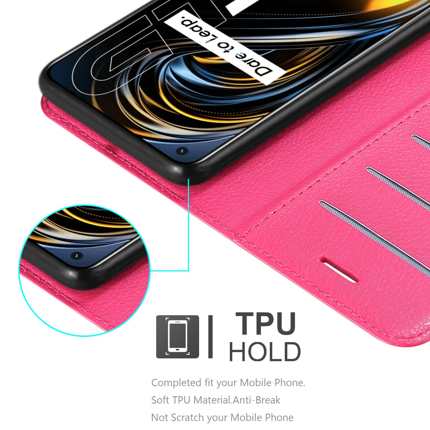 Custodia rosa per telefono con telefono all'interno. Mostra il telefono all'interno con un supporto in TPU.