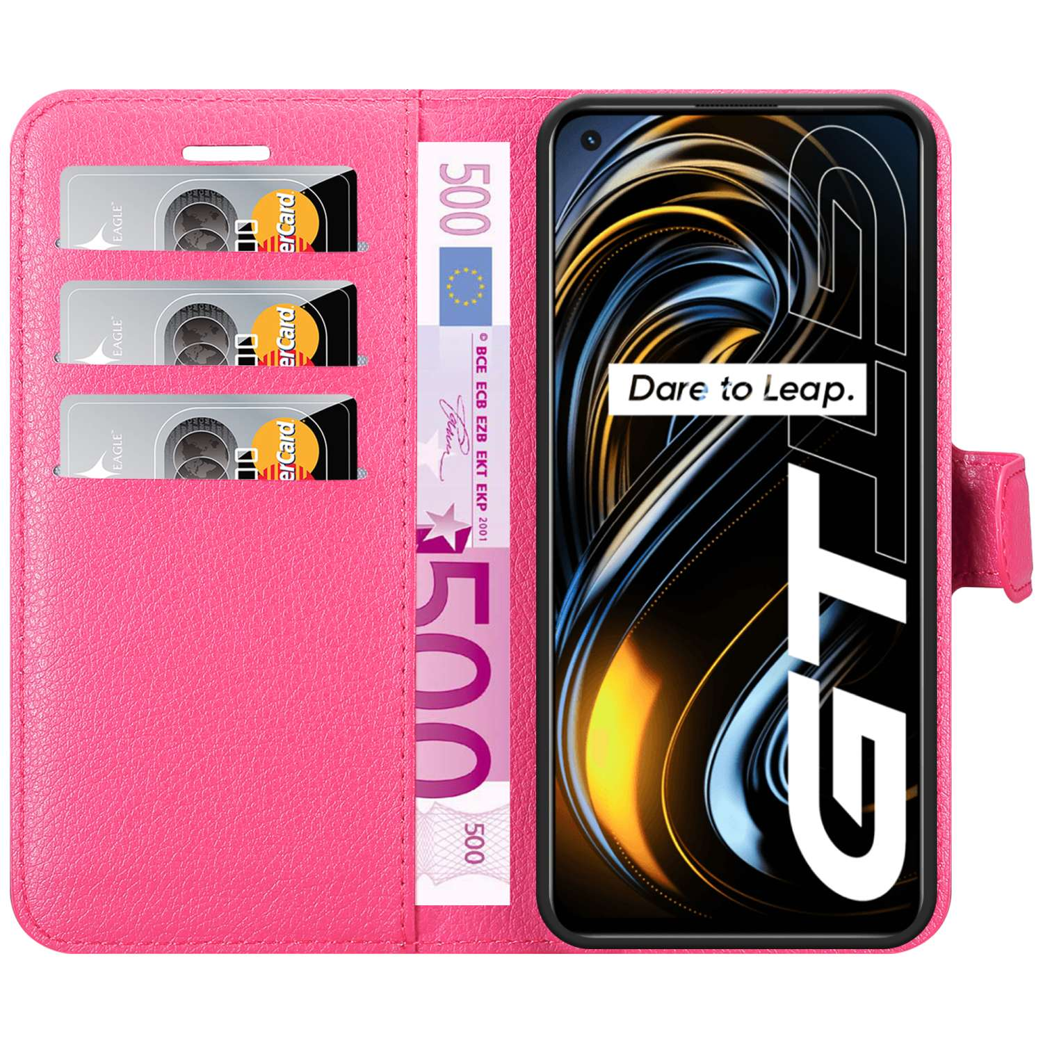Portafoglio rosa con telefono, carte di credito e banconota da 500 euro.