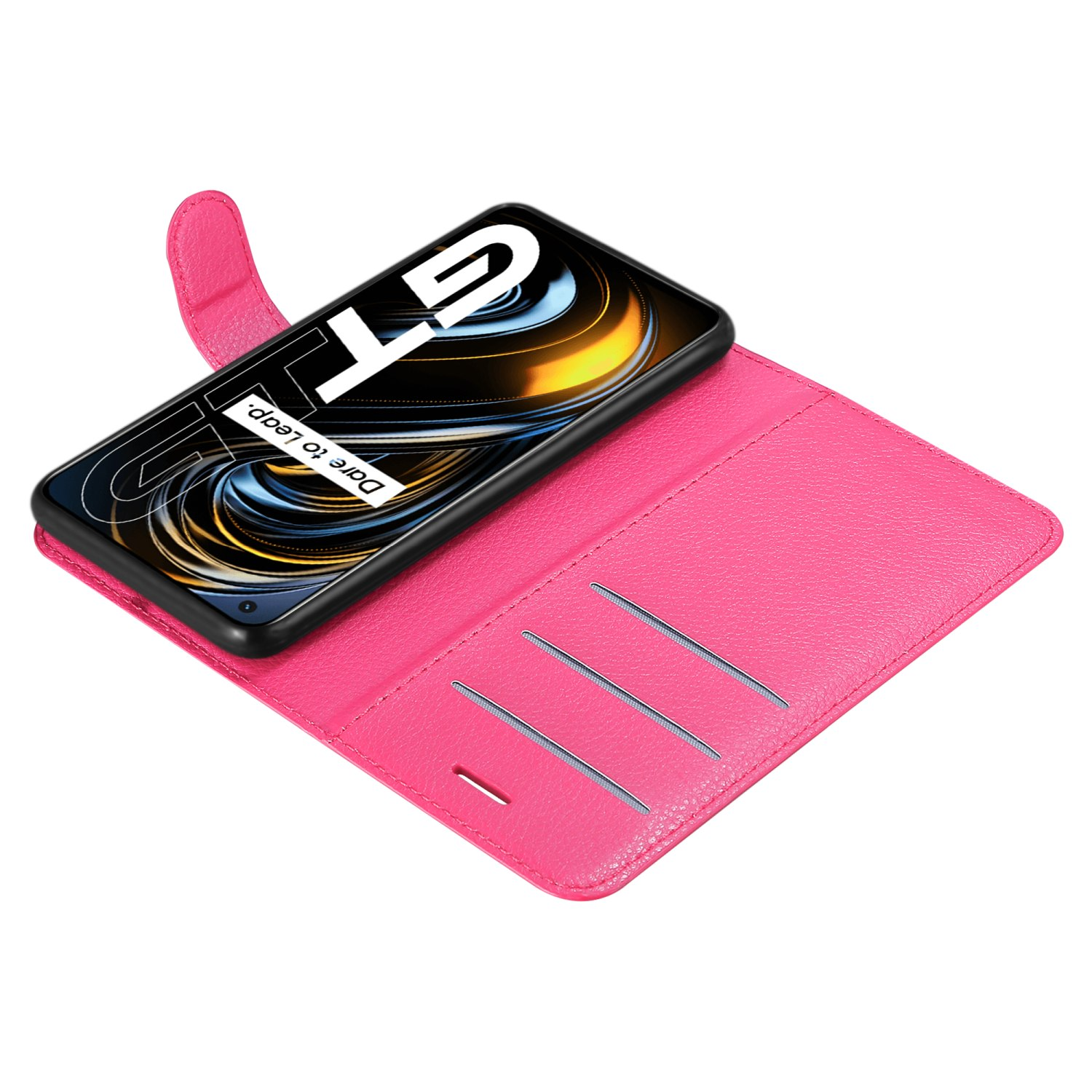 Custodia rosa, telefono dentro. Copertura rosa aperta, tre slot per schede.