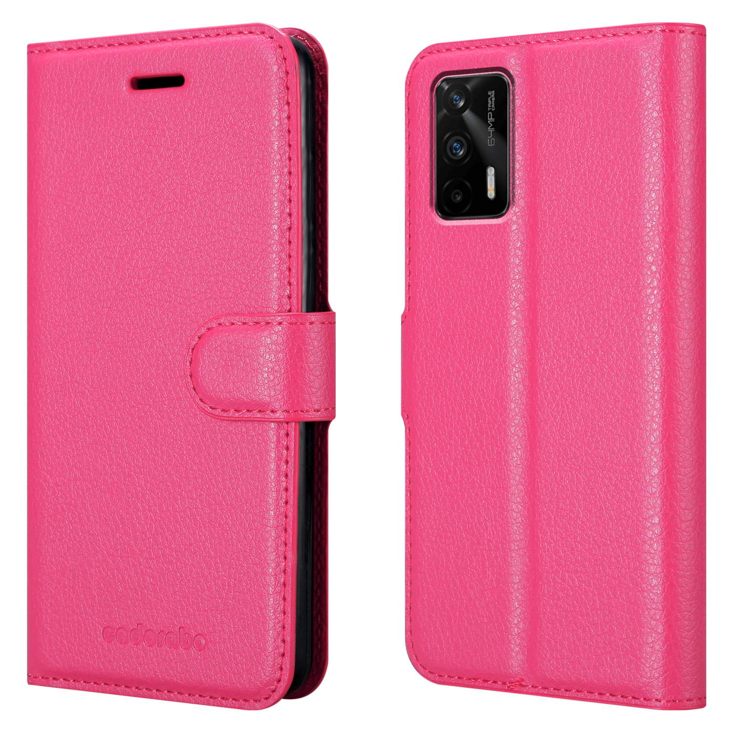 Custodia rosa. Chiusa a sinistra, con bottone a pressione. Retro del telefono visibile, fotocamera nell'angolo.