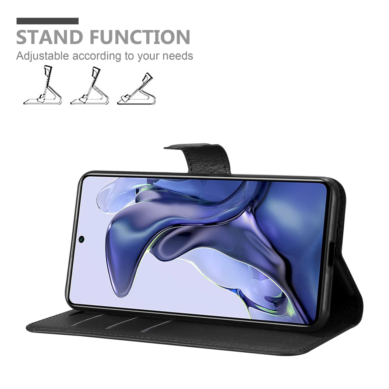 Custodia nera per telefono con telefono all'interno, sollevata. Testo: Funzione stand.