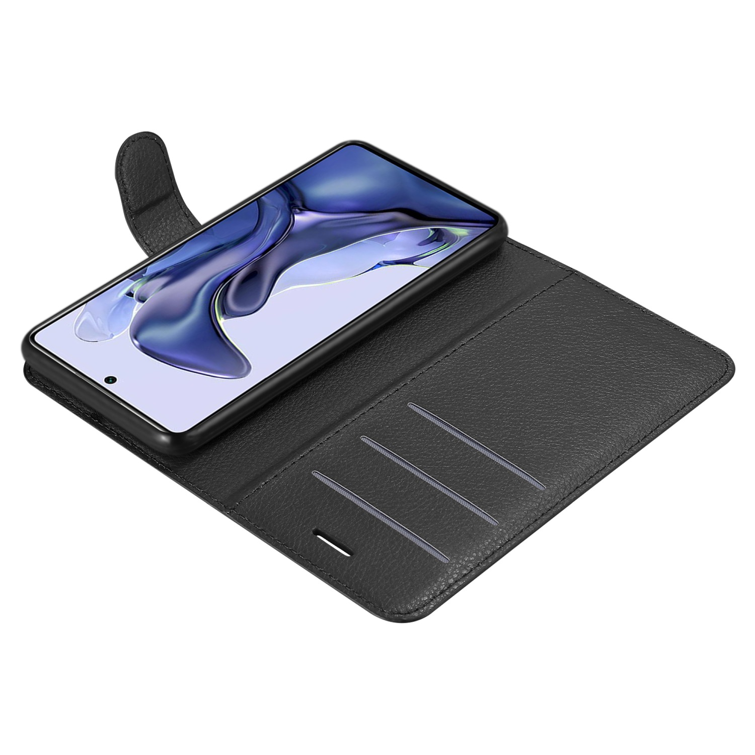 Custodia per telefono nera con telefono. Il telefono è aperto. L'interno ha slot per carte. Lo schermo del telefono è blu e bianco.