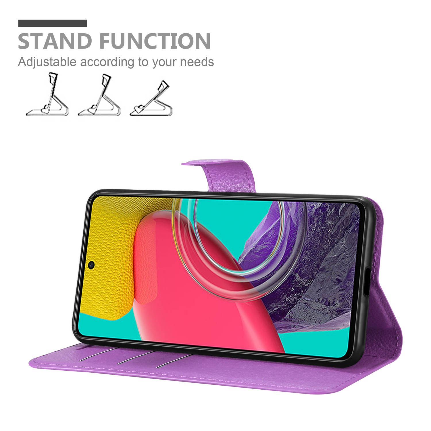 Una custodia per telefono viola con un telefono in funzione stand. I supporti regolabili sono mostrati in alto.