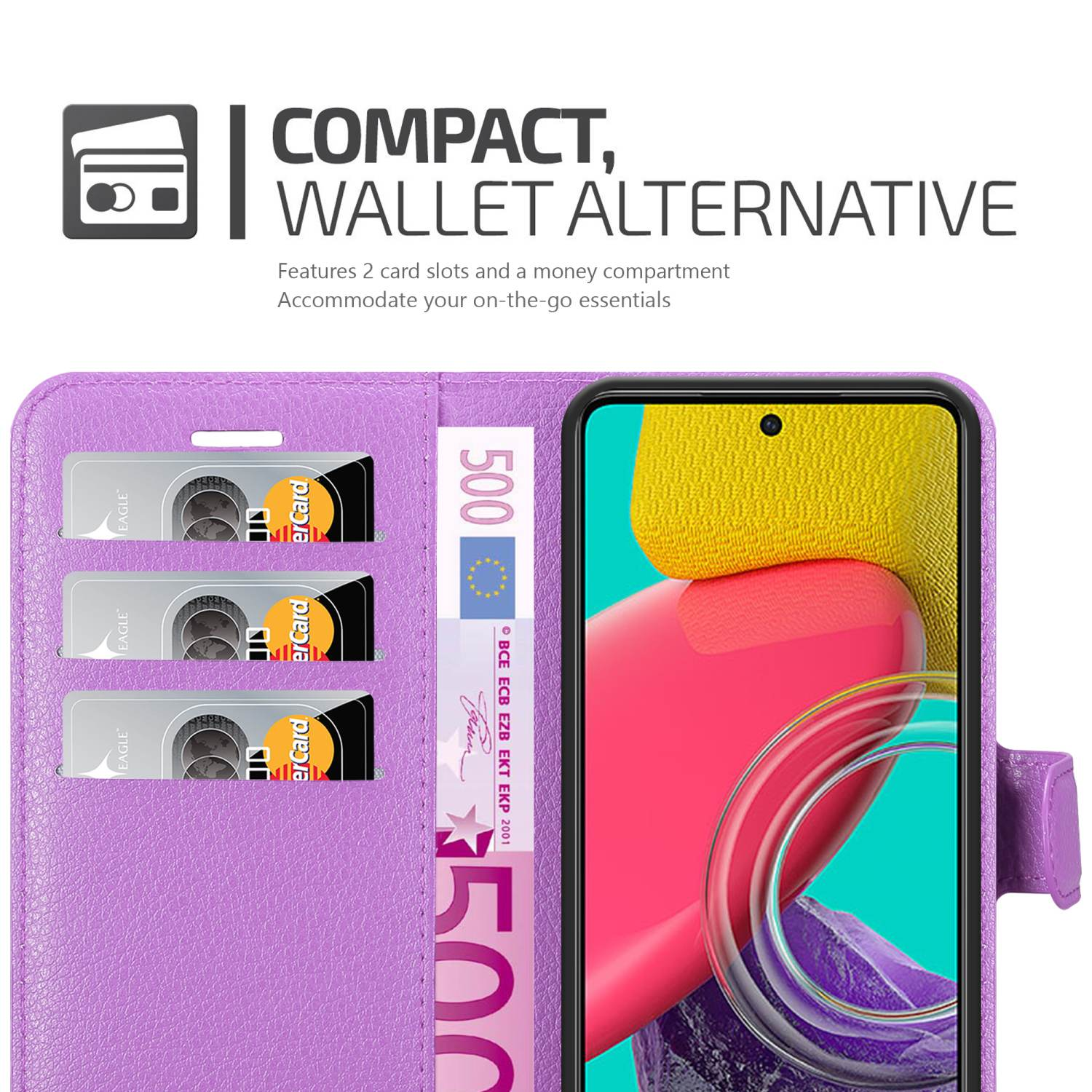 Custodia viola per telefono con scomparti per carte, telefono con grafica colorata e banconota da 500 euro all'interno.